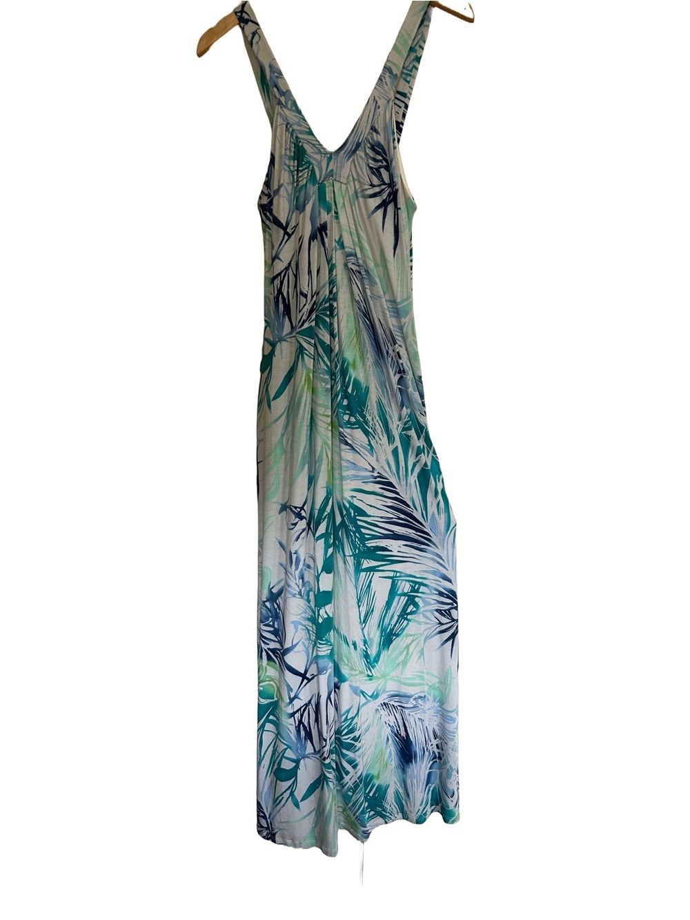 Anthropologie Bordeaux Blue Teal Palm Leaf Abstract Wave Printed Maxi Dress M